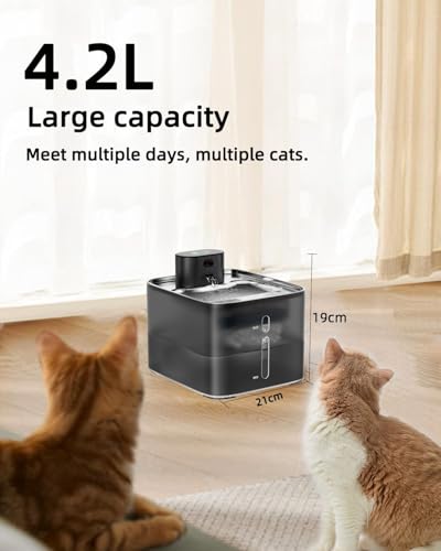 Heyeek Bebedero para Gato, Fuente para Gatos Inalámbrica, 4.2L Acero Inoxidable, Sin Bomba, Sensor Infrarrojo, Ideal para Perros/Mascotas