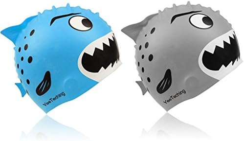 Kids Swim Caps(2-Pack), Yeeteching Fun Design Silicone Swim Cap for Boys and Girls Aged 3-12 (2 Pack-shark)