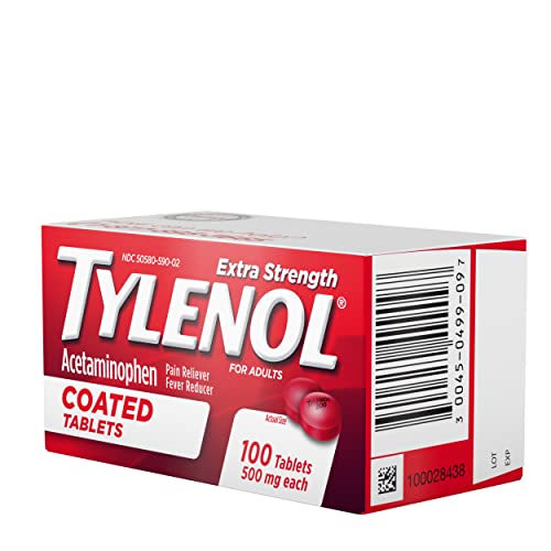 TYLENOL EXTRA STRENGTH PAIN RELIEVER & FEVER REDUCER, ROUND COATED TABLETS, 500 MG ACETAMINOPHEN PAIN RELIEF PILLS FOR HEADACHE, TOOTHACHE & MINOR ARTHRITIS PAIN, 100 CT