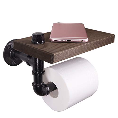 MINCORD Industrial Wall-Mounted Pipe Toilet Paper Holder with Rustic Wooden Shelf Cast Iron Pipe Hardware for Bathroom, Washroom, Black