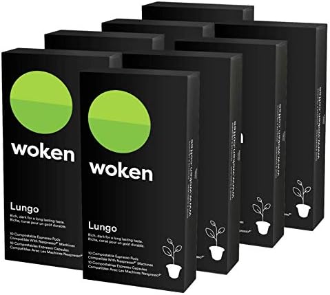 WOKEN COFFEE Compostable Nespresso Pods - Lungo Dark Roast Italian Espresso Coffee Capsules Compatible With Nespresso Coffee Machine (80 Pod Count, 8 Boxes)