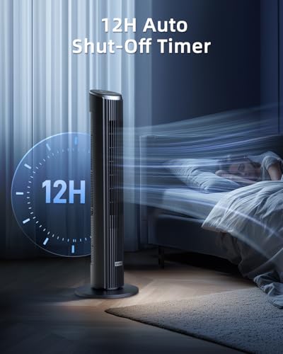 Ateroll Silent Tower Fan, Electric Cooling Fan, 90° Oscillating Bladeless Fan with Remote, 4 Speeds 3 Modes 12H Timer LED Display, Energy Efficient Standing Fan for Home Office, Black Fan