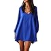 QIYUN.Z Women's Long Batwing Sleeve Mini V-Neck Irregular Hem Casual Loose Chiffon Dress Navy Blue