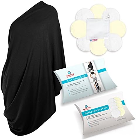 Breastfeeding Cover and Organic Bamboo Breastfeeding Pads (8 pack) Multi-Use Infinity Nursing Cover , Baby Car Seat Canopy , Stroller Cover, High Chair and Shopping Cart Liner - Black