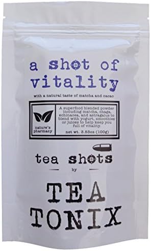 A SHOT OF VITALITY Superfood Powdered TEA SHOT Supplement with Matcha Green Tea, Chaga, Astragalus, Echinacea and Camu to Help Boost Health, Wellness and Immunity - 100g
