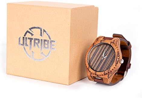 Ultribe Wooden Watch for Men with Japanese Quartz Movement Luminous Pointer Leather Strap Lightweight Vintage Wooden Wristwatch (Zebra Wood)