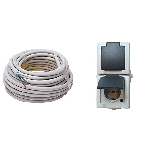 Kopp 150810841 NYM-J 3 x 1,5 mm² Feuchtraum-Kabel, 10 m-Ring & 136956008 Nautic Steckdose für Feuchtraum, 250 V, grau