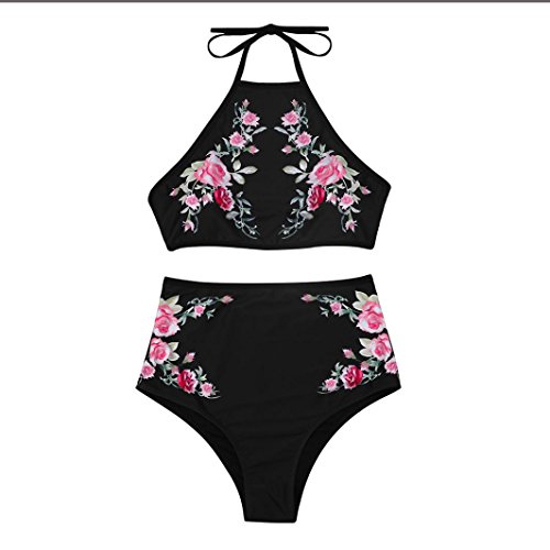 Bikini Set,Han Shi Women Fashion Printing Halter Push-Up Padded Bra Swimsuit Swimwear (Black, L) - Thumbnail 2