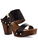 ROF Women's Studded Double Strap Zipper Decor Chunky Platform Clog Heel Sandals