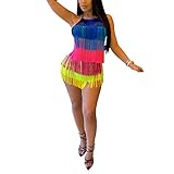 Womens Sexy 2 Piece Outfits Sleeveless Crop Top Feather Tassels Bodycon Mini Dress Outfits Clubwear
