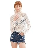 SheIn Women's Mock Neck Long Sleeve Sheer Crochet Plain Lace Top Blouse Large White