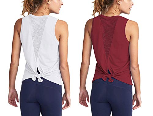 ADOLPH Women's Sexy Open Back Cute Mesh Yoga Workout Sports Shirts Activewear Tank Tops(Wine Red and White,XL)
