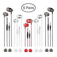 5 Packs Earbud Headphones with Remote & Microphone, findTop in Ear Earphone Brass Sound Noise Isolating Tangle Free for iOS and Android Smart Phones, Laptops