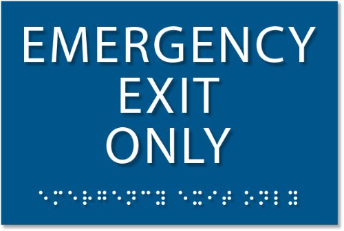 Emergency Exit Sign - ADA compliant sign. 6"x4" sign made from durable plastic with raised lettering and Braille. Designed to meet ADA (Americans with Disabilities Act) regulations. Available in 17 colors.