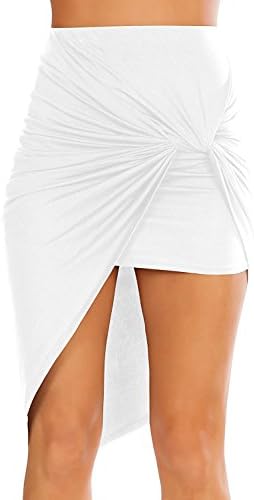 Hathawlyth Womens Drape Up Stretchy Asymmetrical High Low Short Mini Bodycon Pencil Skirt, White, Medium