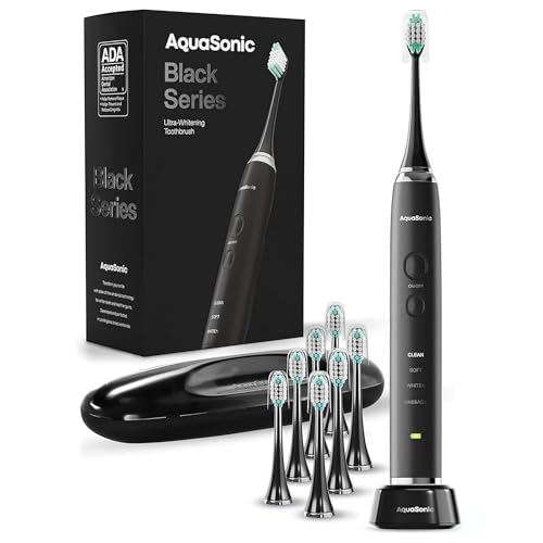 Aquasonic Black Series Ultra Whitening Electric Toothbrush | ADA Accepted Rechargeable Toothbrush, 8 Brush Heads & Travel Case, 40,000 VPM Electric Motor & Wireless Charging - 4 Modes with Smart Timer