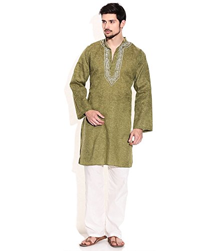 sai chikan men's smart green mixed cotton embroidered kurta