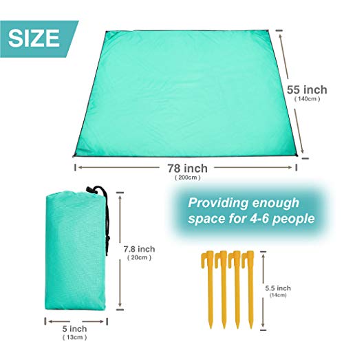 Home Queen Beach Pocket Blanket, Compact Beach Blanket for Camping, Hiking -Waterproof Sand Free Mat 78" x 55" Rug Avoid Sand Dirt - Picnic Blanket with 4 Anchor Stakes (Teal, 78 x 57 inch)