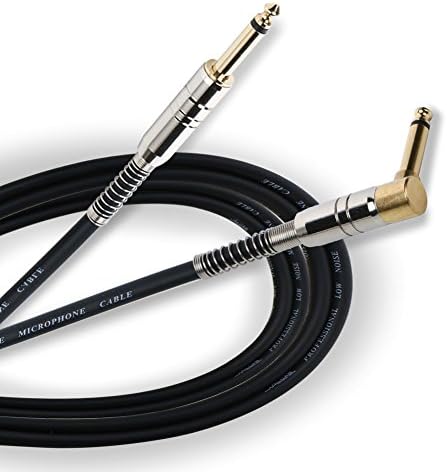 Bass Guitar Cable 10 FT, 6.35mm Premium Rean-Neutrik Quarter Inch Straight to Right Angle Gold Plugs for Electric Guitar, Electric Bass, Keyboard, Mandolin, Pro Audio, Black PVC Jacket