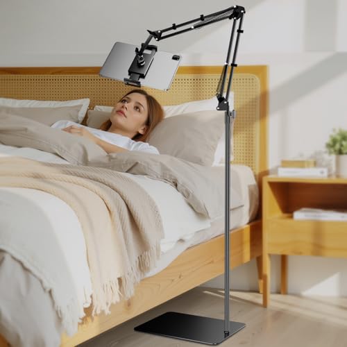 TRYONE Tablet Bodenständer Bett Kindle Halterung - [165CM Höhenverstellbar & Winkelverstellbar] Tabletständer Metall Basis für iPad Pro Air Mini/Kindl