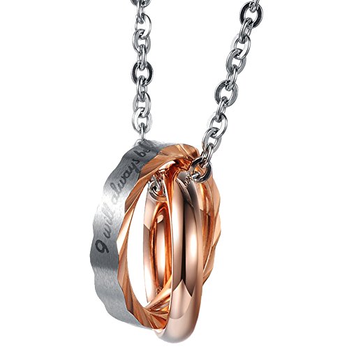 UM Jewelry Women's Men's Stainless Steel Two Tone Double Rings Engraved Pendant Couples Necklace