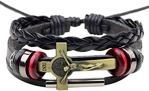 Bracelets for Men Leather Braided Bangle | Cross Bracelet | Multilayer Adjustable Leather | Wrist Cuff Wristband | Cross Jesus Leather Wrap Cuff Wristband