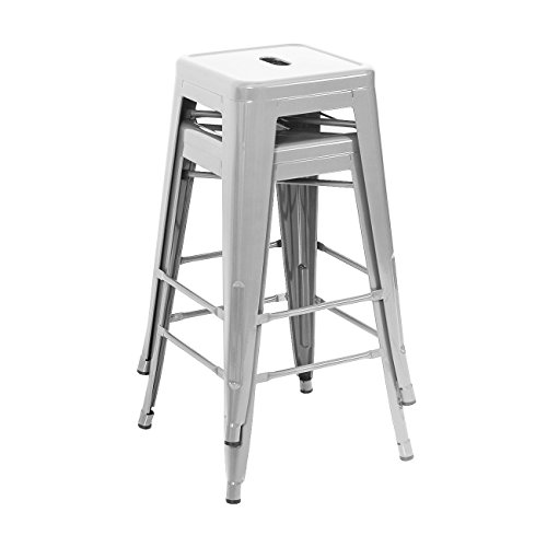 BELLEZE Set of 4 Modern Industrial Bar Stools Stackable Stool Footrest 30" Seat Height Gray
