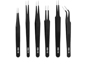 AFLICT Precision Tweezers Set - 6PCS Anti Static ESD Industrial Tweezers Kit Matte Black, Fits for Electronics Repair, Soldering, Craft, Laboratory Work