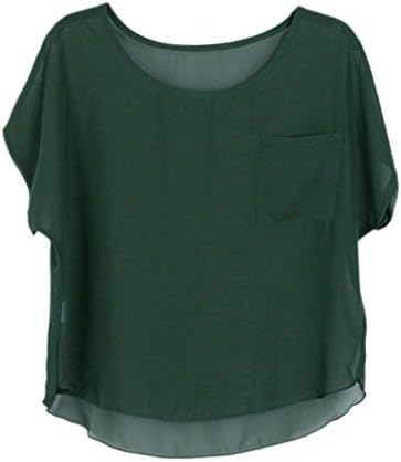 East Castle Womens Short Sleeve Crew Neck Sheer Chiffon Top with pocket W-019 (One Size, Dark green)