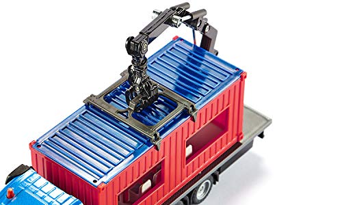 siku 3556, LKW mit Baucontainer, 1:50, Metall/Kunststoff, Blau/Rot, Inkl. Kran zum Abnehmen des Containers – Bild 3