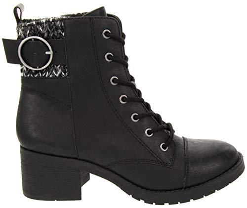 Sugar Women's Women's Kiki Block Heel Lace Up Low Shaft Ankle Combat Boot with O Ring Buckle Black w/Sweater 7.5