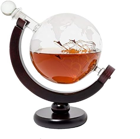 Globe Glasses Whiskey Decanter Set, World Etched Globe Decanter Antique Ship Glass Stopper Liquor Dispenser Spirits Scotch Bourbon Vodka Rum Wine Tequila Brandy Perfect Gift 850 ml