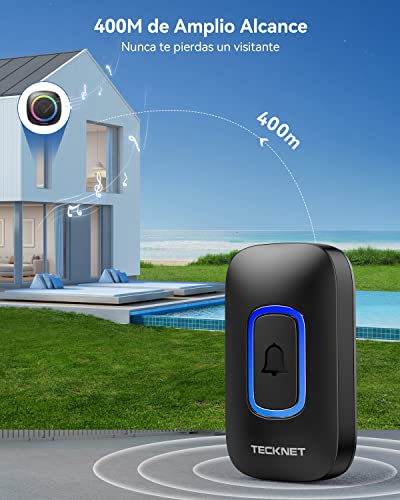 TECKNET Wireless Doorbell Outdoor Waterproof, 400M Range RGB Wireless Doorbell IP66, 5 Volume Levels (0-110dB) and 60 Melodies for Home/Hotel/Office/Emergency, etc
