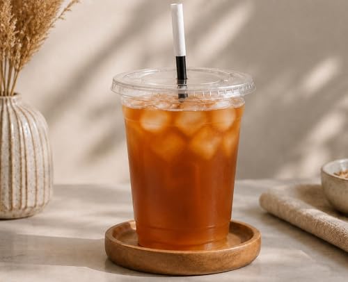 12oz 100 PCs Disposable Plastic iced coffee cups with lids and straws. Clear Disposable Plastic cups for Cold drink, iced coffee, Milkshakes, Smoothies, Juices. Eco friendly BPA free.