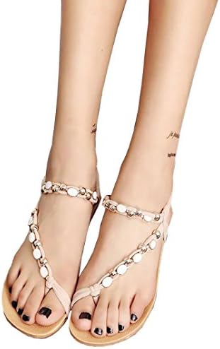 Gillberry Women Flat Shoes Beaded Bohemia Leisure Sandals Peep-Toe Flip Shoes (9.5, Beige)