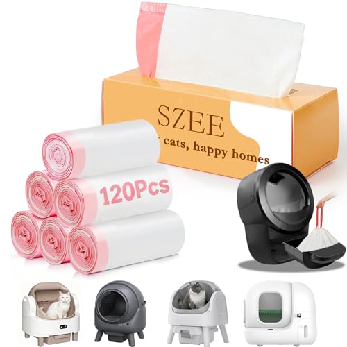 SZEE 120 Pcs Self-Cleaning Cat Litter tray Liners, Drawstring Automatic Cat Litter Box Waste Bags, Suitable for Robot 3&4, PURA MAX, PURA MAX 2, PURA X, S20, M1, AutoScooper 11&12