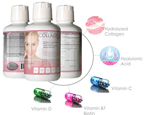 Premium Liquid Collagen Peptides,16Oz Best Value, Anti-Aging Formula, Grass-Fed, Has Hydrolyzed Collagen, Biotin, Hyaluronic Acid, Vitamin C and D as its Major Constituent compounds. Raspberry Flavor