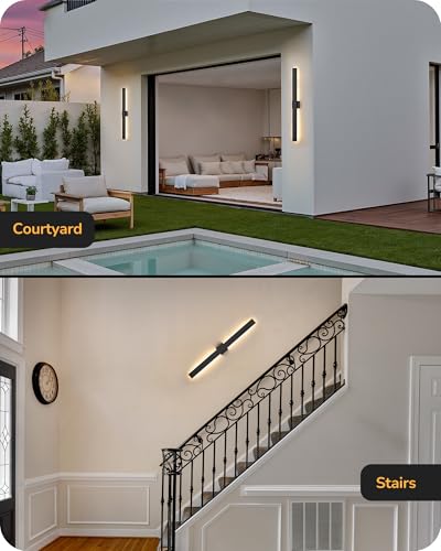 EDISHINE 2 Pack Modern Outdoor Wall Lights, 39.3" Dimmable Led Outdoor Wall Sconce, 3CCT, Iron & PC Material, 28W Waterproof Exterior Lighting Fixtures, for Front Door, Backyard, Stair, Black
