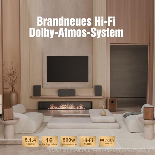 Flagship Real 5.1.4 HiFi Soundbar for TV Devices with Dolby Atmos, 900 W Home Cinema Surround Sound System, Centre Speaker with 4 Surround Speakers, 25 Hz Subwoofer, HiFi Crossover, eARC
