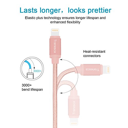 Rose gold car charger kit-Tranesca 4.8A/24W Dual Rapid USB Ports Car Charger with 6FT Nylon Braided MFI (Apple certified) Lightning Cable
