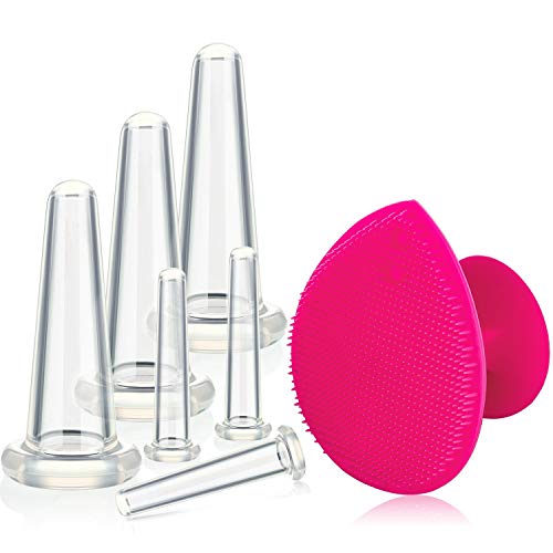 6 Pieces Facial Cupping Therapy Set, Face and Eye Therapy Cupping Massage Kit, 3 Medium and 3 Small Silicone Cups with Exfoliating Brush for Neck Skin Anti-Wrinkle Effect
