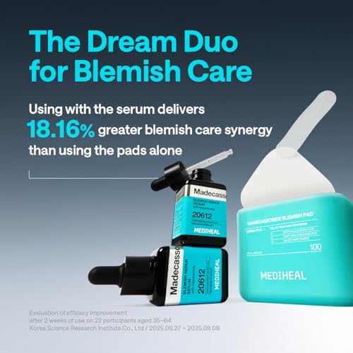 MEDIHEAL Madecassoside Blemish Toner Pads for Face – Korean Skin Care, 98% Pure Madecassoside with Centella Asiatica Complex, Blemish Marks, Redness & Dark Spot Care, Gauze Fabric, 100 Pads