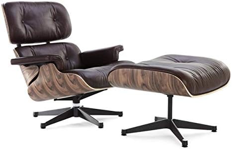 High End Replica Lounge Chair and Ottoman Set, Mid-Century Classics by DECORIFIC NYC (Brown, Italian Leather, Walnut Wood) - Single Box