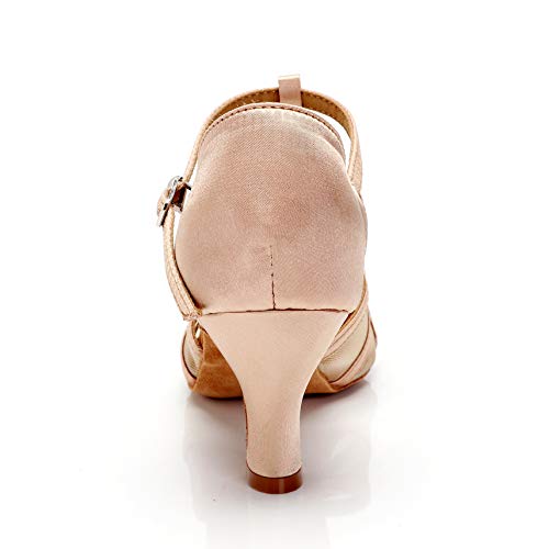 CLEECLI Women's Ballroom Dance Shoes Latin Salsa Dance Shoes T-Strap Sandals 2.5" Heel ZB01(10,Nude)