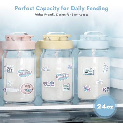Papablic Breast Milk Pitcher, Glass Formula Mixer with Easy-Blend Handle Lid, Leakproof Breastmilk Fridge Storage Container, Wide Mouth, BPA-Free, Baby Feeding Pitcher, Blue