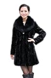 Queenshiny Long Women's 100% Real Mink Fur Coat with Fox Collar-Black-L(12-14)
