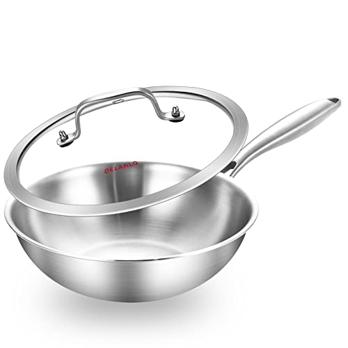 Photo 1 of DELARLO Whole Body Tri-Ply Stainless Steel Pan 10 inch, 5 Ply Stainless Steel Woks & Stir-Fry Pans, Deep Kitchen Small Wok Pan with Lids, Induction Mini wok 10", Suitable for All Stove, Up to 650?