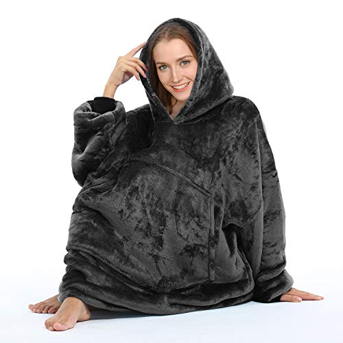 Oversized Blanket Sweatshirt, Super Soft Warm Cozy Wearable Sherpa Hoodie or Adults & Children, Reversible, Hood & Large Pocket, One Size, Black