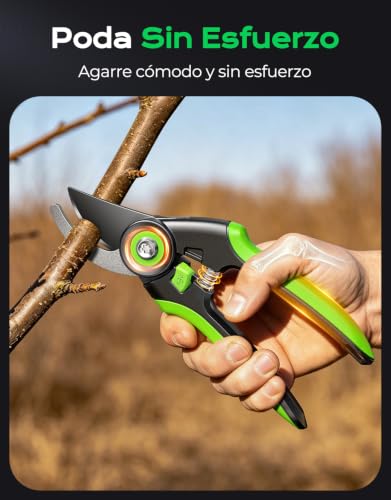 Rolgno Tijeras de Podar, Alta Resistencia Acero SK5, Revestimiento PTFE | Tijeras Jardineria Ahorra Esfuerzo, Desbloqueo a Una Mano en 0.5s, Mango Ergonómico, para Ramas Frescas de 20mm