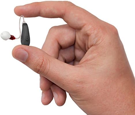 iHearMAX Hearing Amplifier. Compact Design for Near Invisible Wear Behind the Ear. Water Resistant, 4 Programs, 2-Month Battery Supply Device Aids Hearing for Adults,Standard Wire, Tech Gray Right Ear